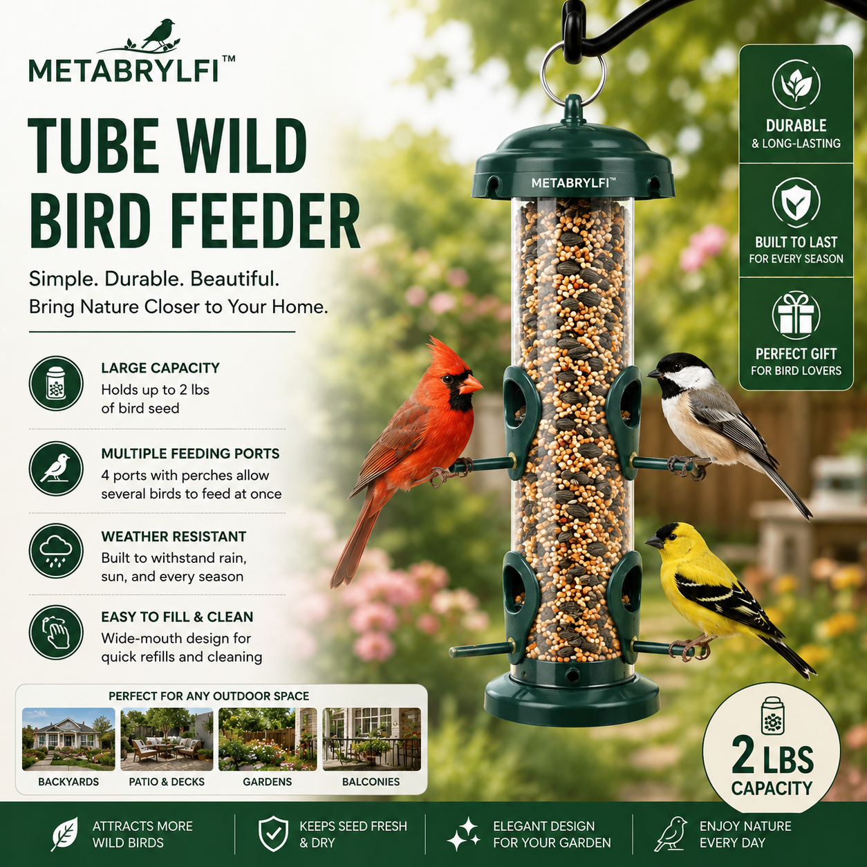 METABRYLFI™ Premium Tube Wild Bird Feeder – Weatherproof Hanging Bird Feeder with 4 Feeding Ports