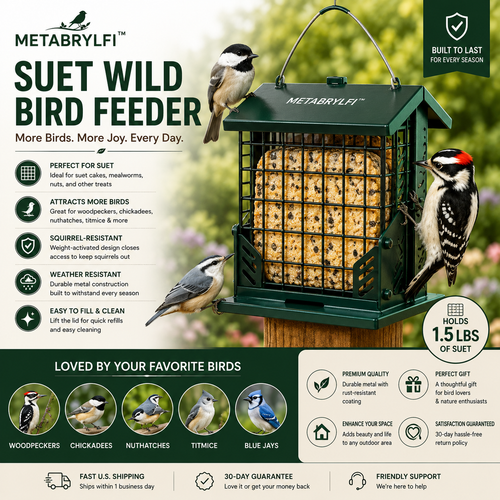 METABRYLFI™ Premium Suet Wild Bird Feeder – Weatherproof Hanging Suet Cake Feeder for Woodpeckers &amp; Backyard Birds