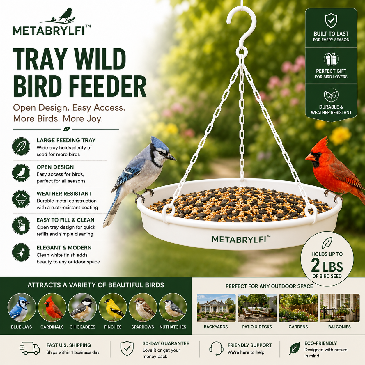 METABRYLFI™ Premium Hanging Tray Wild Bird Feeder – Large Capacity Weatherproof Open Bird Feeding Tray
