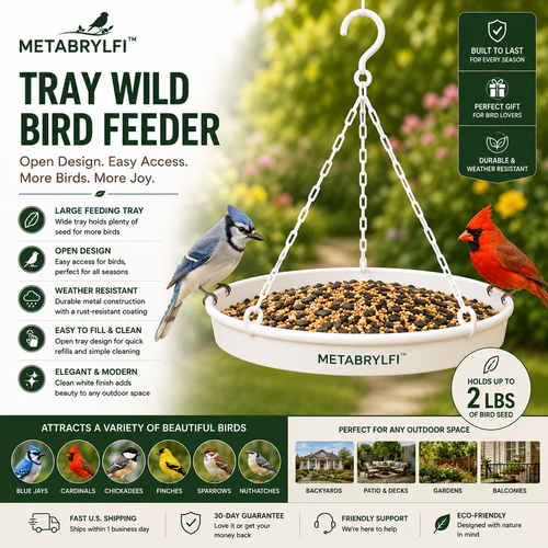 METABRYLFI™ Premium Hanging Tray Wild Bird Feeder – Large Capacity Weatherproof Open Bird Feeding Tray