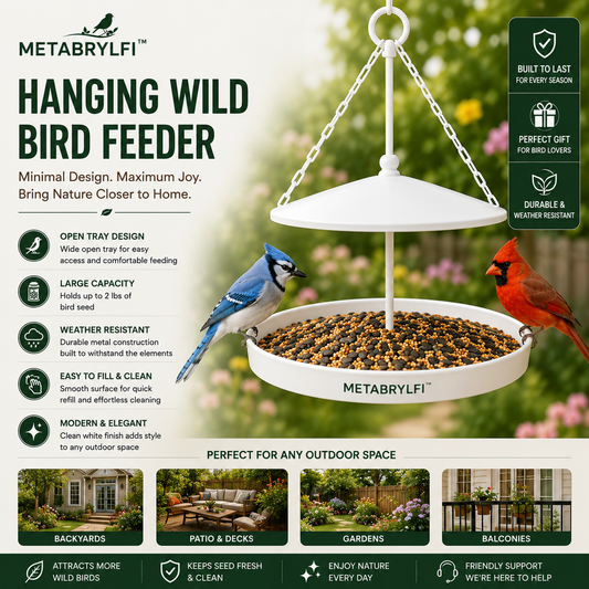 METABRYLFI™ Premium Hanging Canopy Bird Feeder – Weatherproof Open Tray Wild Bird Feeder