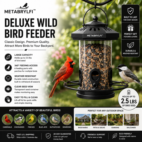 METABRYLFI™ Deluxe Tube Wild Bird Feeder – Premium Weatherproof Hanging Bird Feeder with 6 Feeding Ports