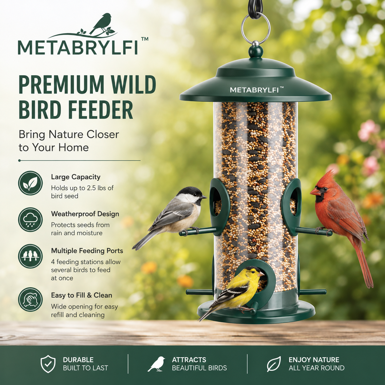 METABRYLFI™ Premium Wild Bird Feeder – Large Capacity Weatherproof Hanging Bird Feeder for Outdoor Gardens